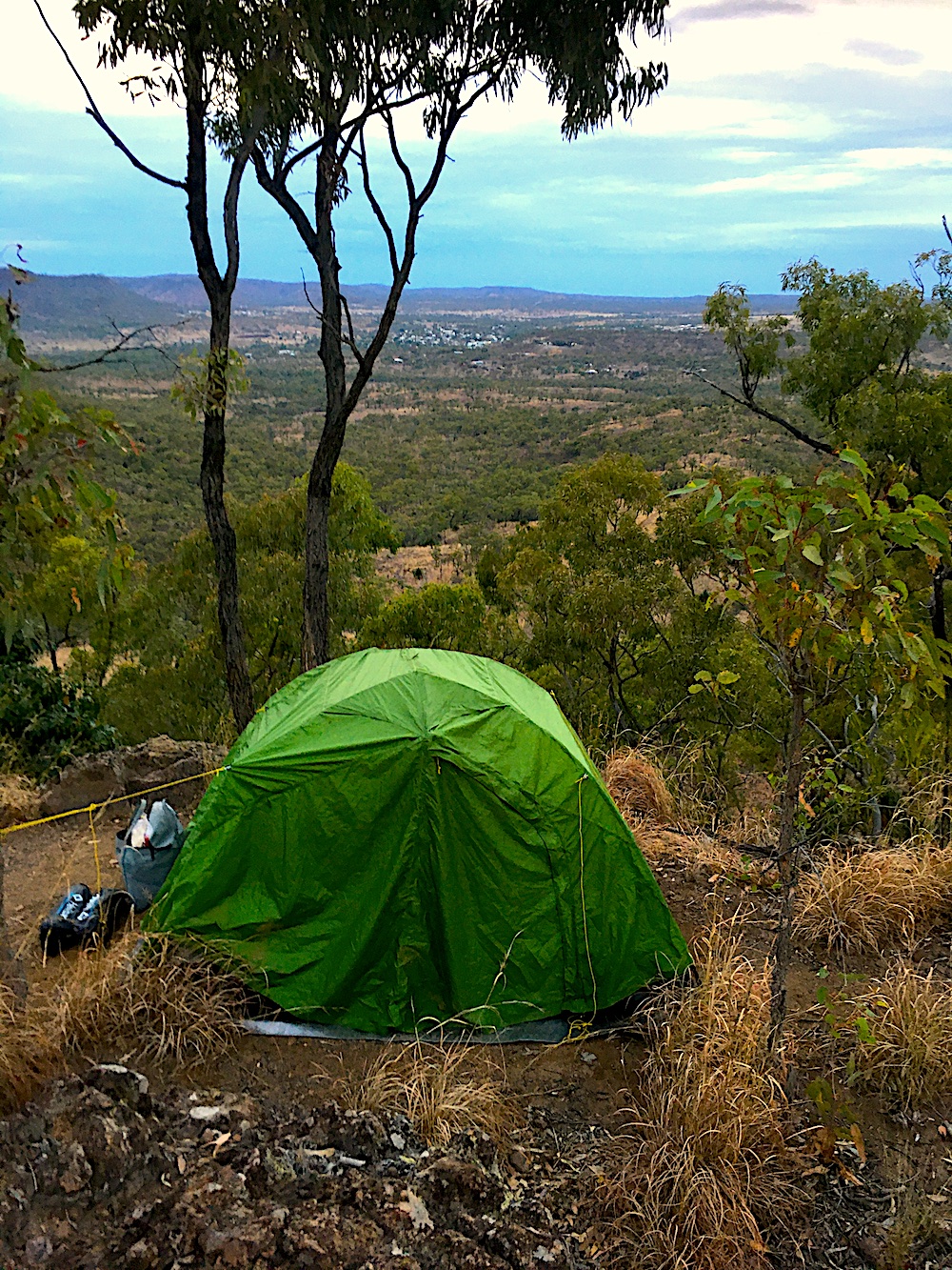 Carnarvon Gorge and Cattle Grazing Country. My tent looking out over 
Springsure.