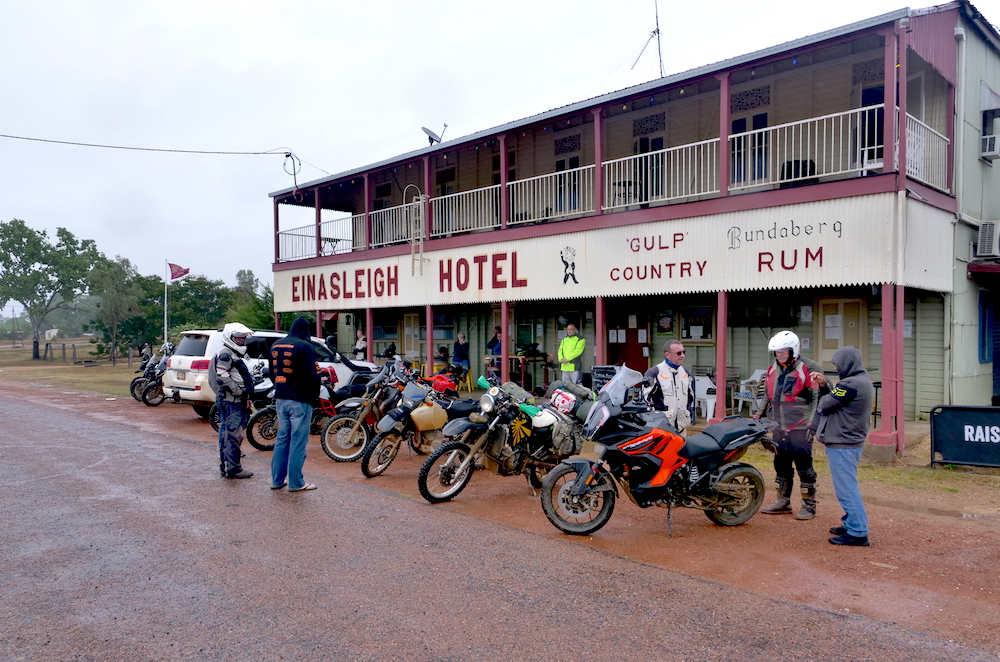 Adventure riders assemble out the front of Einsaleigh Hotel