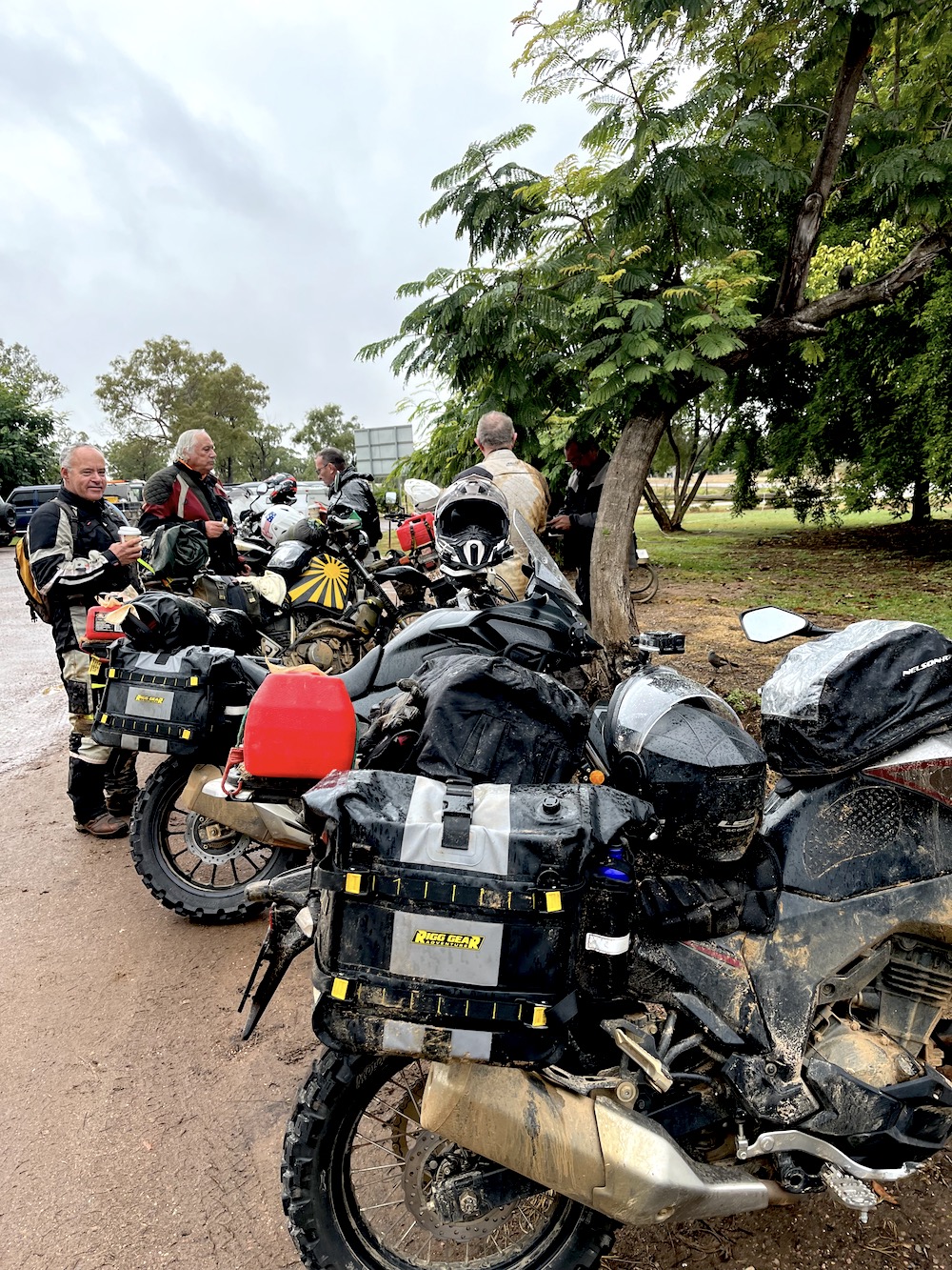 Adventure riders assembler coffee and a pie